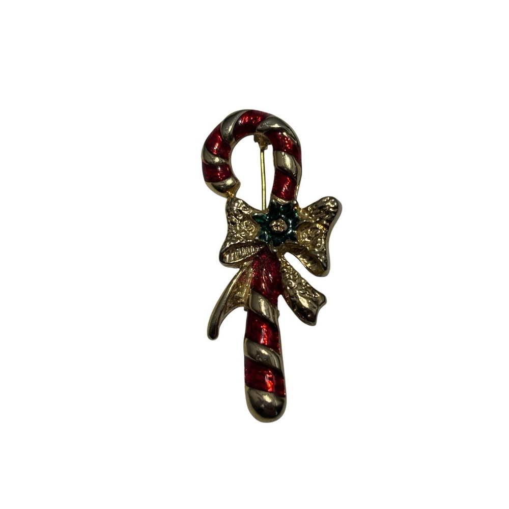 Vintage Gold Tone Enamel Holiday Candy Cane Ribbon Brooch Pin